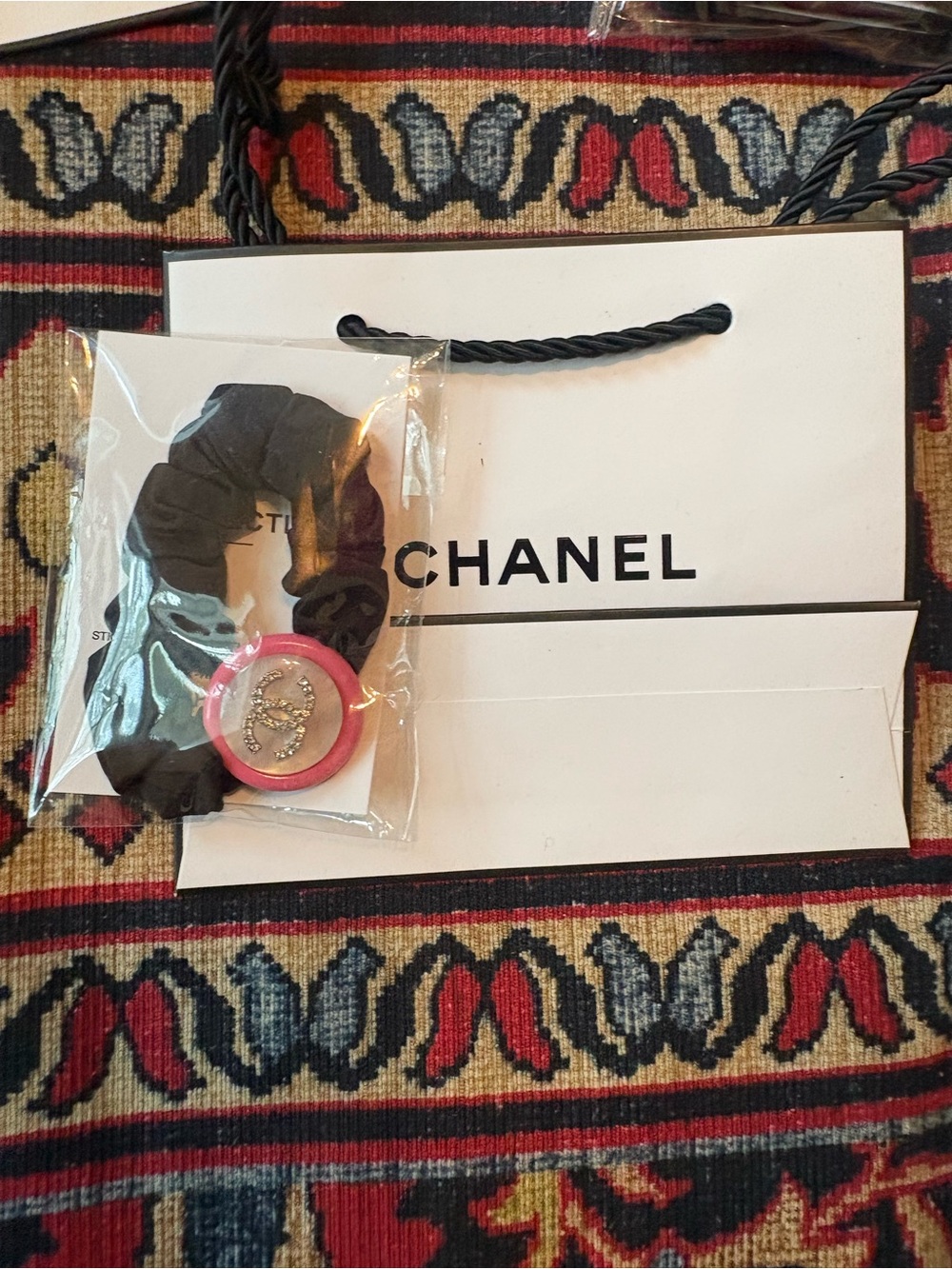 CHANEL Black Scrunchie with Pink Logo Medallion. VIP GIFT